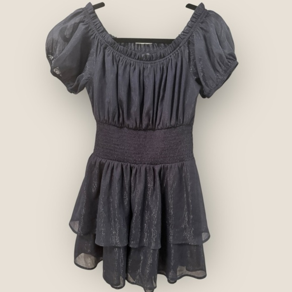 Andrée Elegant Navy Puff Sleeve Ruffled Mini-Dress Sz S Shimmery w/ Silver AS